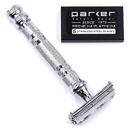 Parker 66R Long Handle Butterfly Safety Razor - Twist-to-Open Brass Frame with Textured Chrome Finish for Close, Comfortable Shaves - 5 Blades Beauty and Personal Care Parker Safety Razor