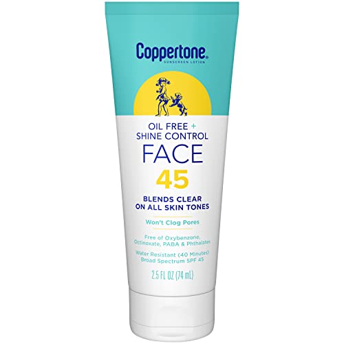 Coppertone Oil Free + Shine Control Sunscreen Face Lotion SPF 45, Lightweight Sunscreen for All Skin Tones, Won't Clog Pores, Fragrance Free, 2.5 Fl Beauty & Personal Care Coppertone