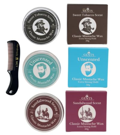 G.B.S Strong Hold Scent Variety Mustache Wax, Easy Application, Restyleable, long lasting hold with Styling Comb (1.7 oz) (3 Pack, Sandalwood, Sweet Beauty and Personal Care G.B.S