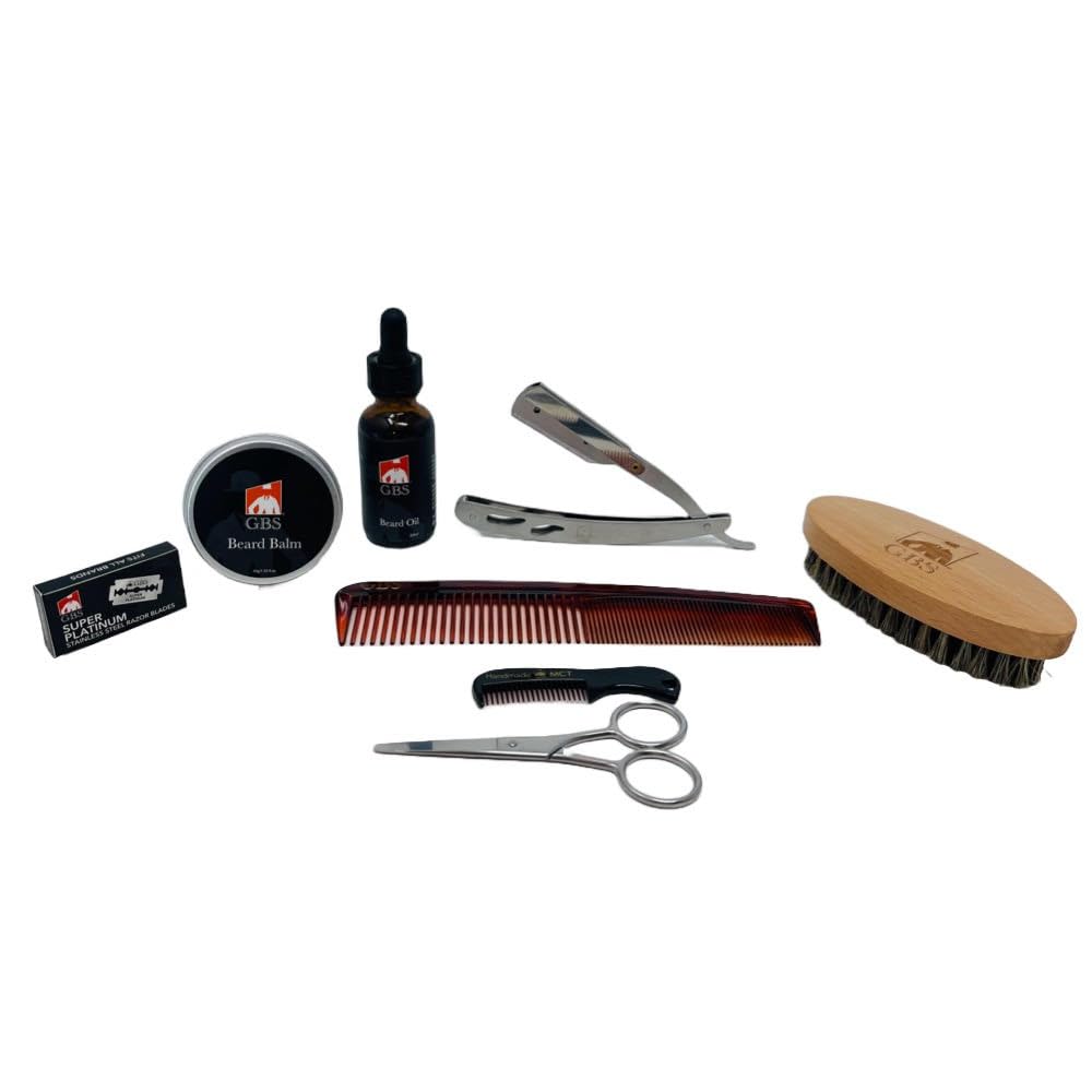 G.B.S Beard Grooming Set Includes Beard Oil, Beard Balm, 3" Boar Bristle Brush, 7 Inches Dressing Comb, 5 Inches Shave Razor and 10 Blades, 3" Beauty and Personal Care G.B.S