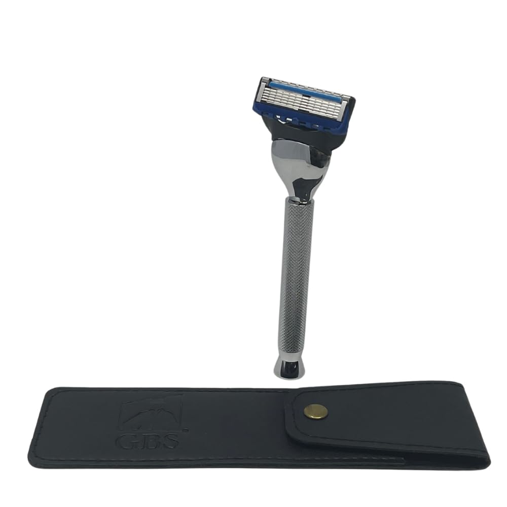 G.B.S Stylish Long Handle Textured Ergonomic Shaving Razor with Protective Leather Case for Travel, Chrome Beauty and Personal Care G.B.S