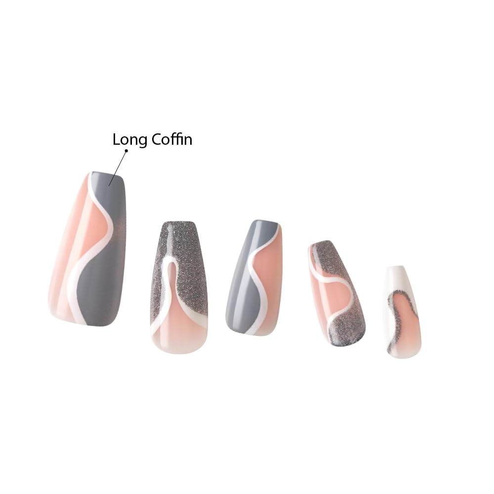 KISS False Nails Kit, Dreamdust Ready to Wear Gel Sculpted Nails, Stick and Glue Included, Long Length, Coffin Shape, Long-Lasting Hottest Trend Glue