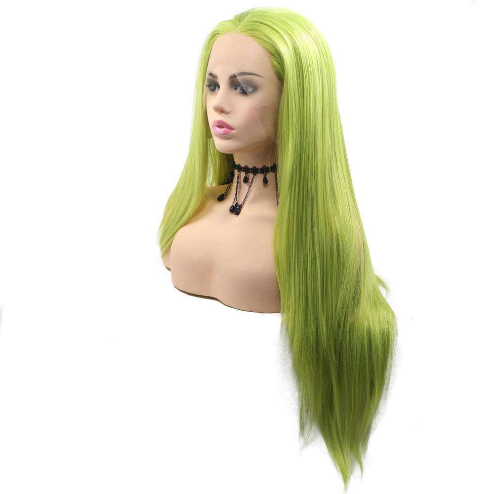 Fresh Green Lace Front Wigs for Women Long Silky Soft Pastel Neon Synthetic Real Hair Wig Pre Plucked Hairline Avocado Green Handmade Wigs