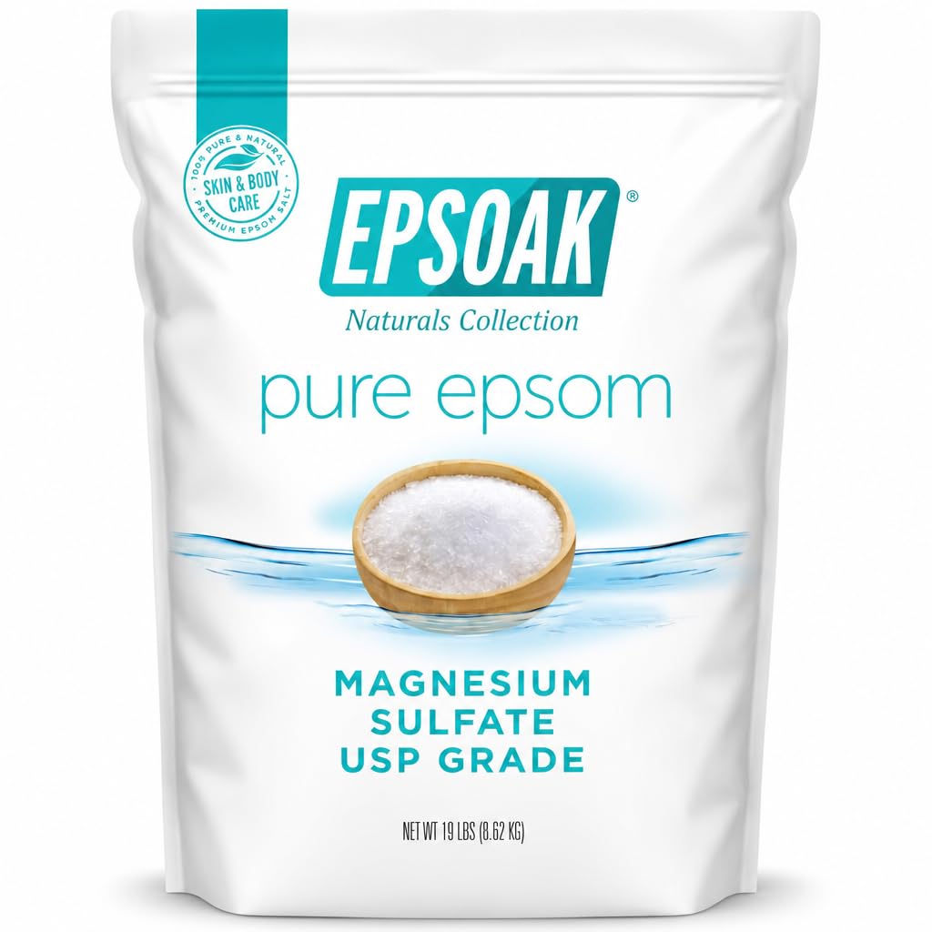 Epsoak Epsom Salt 19 lb. Magnesium Sulfate USP. Resealable Epsom Salt Bag Unscented, Made in The USA, Cruelty-Free Certified Beauty and Personal Care Epsoak