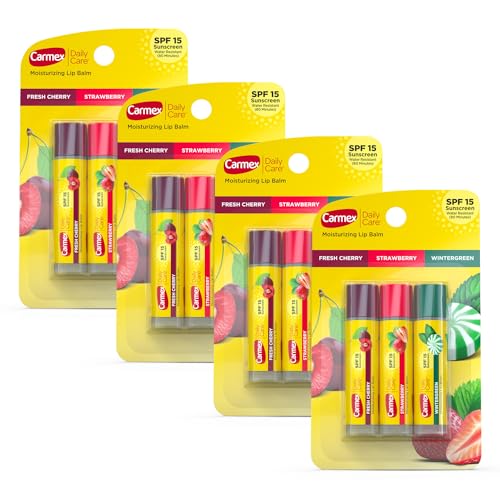 Carmex Daily Care Moisturizing Lip Balm Sticks with SPF, Fresh Cherry, Strawberry and Wintergreen Lip Balm Pack, 0.15 OZ - (4 packs of 3) Beauty and Personal Care Carmex