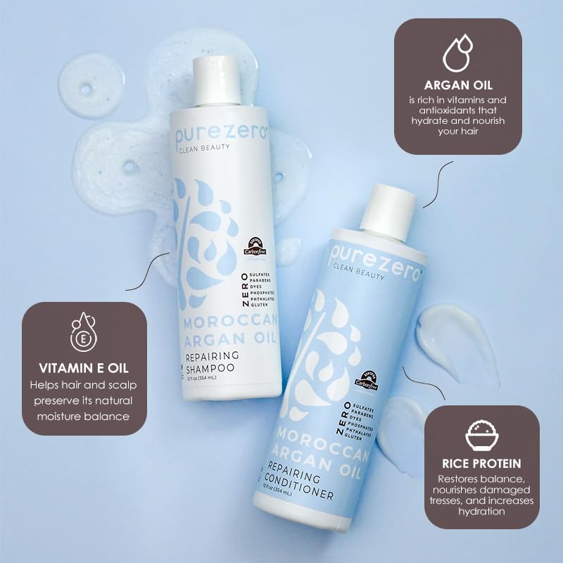 Purezero Moroccan Argan Oil Shampoo & Conditioner set - Repair Damaged Hair - Fight Dandruff & Frizz - Zero Sulfates, Parabens, Dyes, Gluten - 100% Beauty & Personal Care Purezero