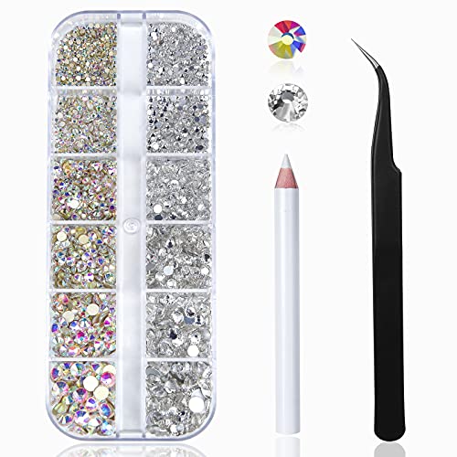 Nail Art Rhinestones Kit HUETFAT 2400pcs Nail Gems Ab Flatback Rhinestones Gems Stones, with Storage Organizer Box/Wax Pencil/Tweezers 6 Sizes Beauty & Personal Care HUETFAT