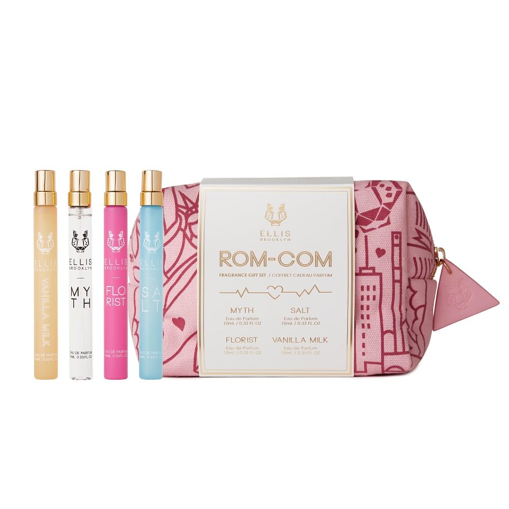 Ellis Brooklyn ROM COM Mini Fragrance Gift Set, Includes 4, 10ml Travel Sprays, MYTH, FLORIST, SALT, VANILLA MILK, Luxury Perfume Gift Set, Vegan Beauty & Personal Care Ellis Brooklyn
