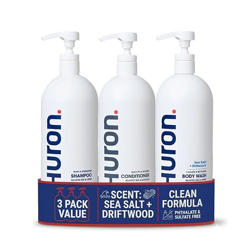 Huron Shower Kit for Men and Women - Shampoo, Conditioner & Body Wash with Sea Salt + Driftwood Scent, Hydrating, Phthalate-Free, non-toxic Beauty & Personal Care Huron
