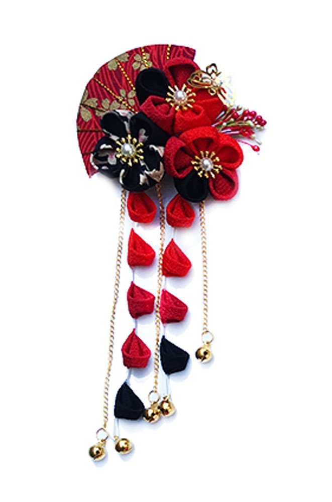 CRB Fashion Womens Japanese Kimono Flower Kanzashi Hair Ornament Tie Band Clip (Red/Black) Beauty & Personal Care CRB Fashion