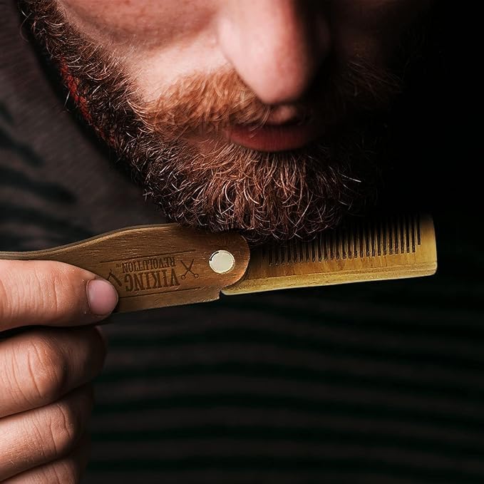 Folding Beard Comb w/Carrying Pouch for Men - All Natural Wooden Beard Comb w/Gift Box - Green Sandalwood Comb for Grooming & Combing Hair, Beards Beauty & Personal Care Viking Revolution