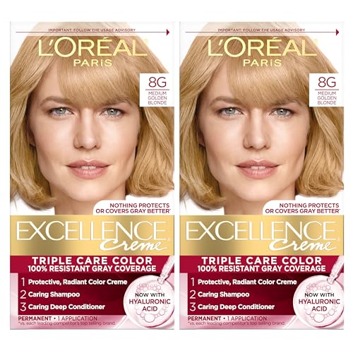 L'Oreal Paris Excellence Crème Permanent Hair Dye, Triple Care Hair Color with Hyaluronic Acid for 100% Gray Coverage, 8G Medium Golden Blonde, 1 Kit Beauty & Personal Care L'Oreal Paris