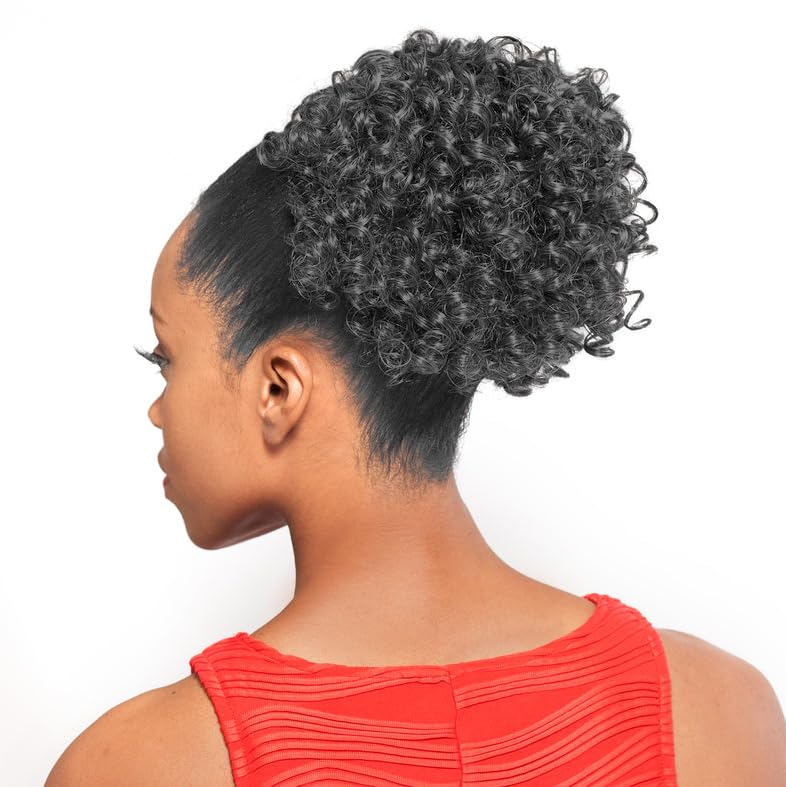 DS003 Ponytail Color 1B - Foxy Silver Wigs 6" Short Length Drawstring Curly Hairpiece Extension Synthetic Black Grey Bun Womens Bundle MaxWigs