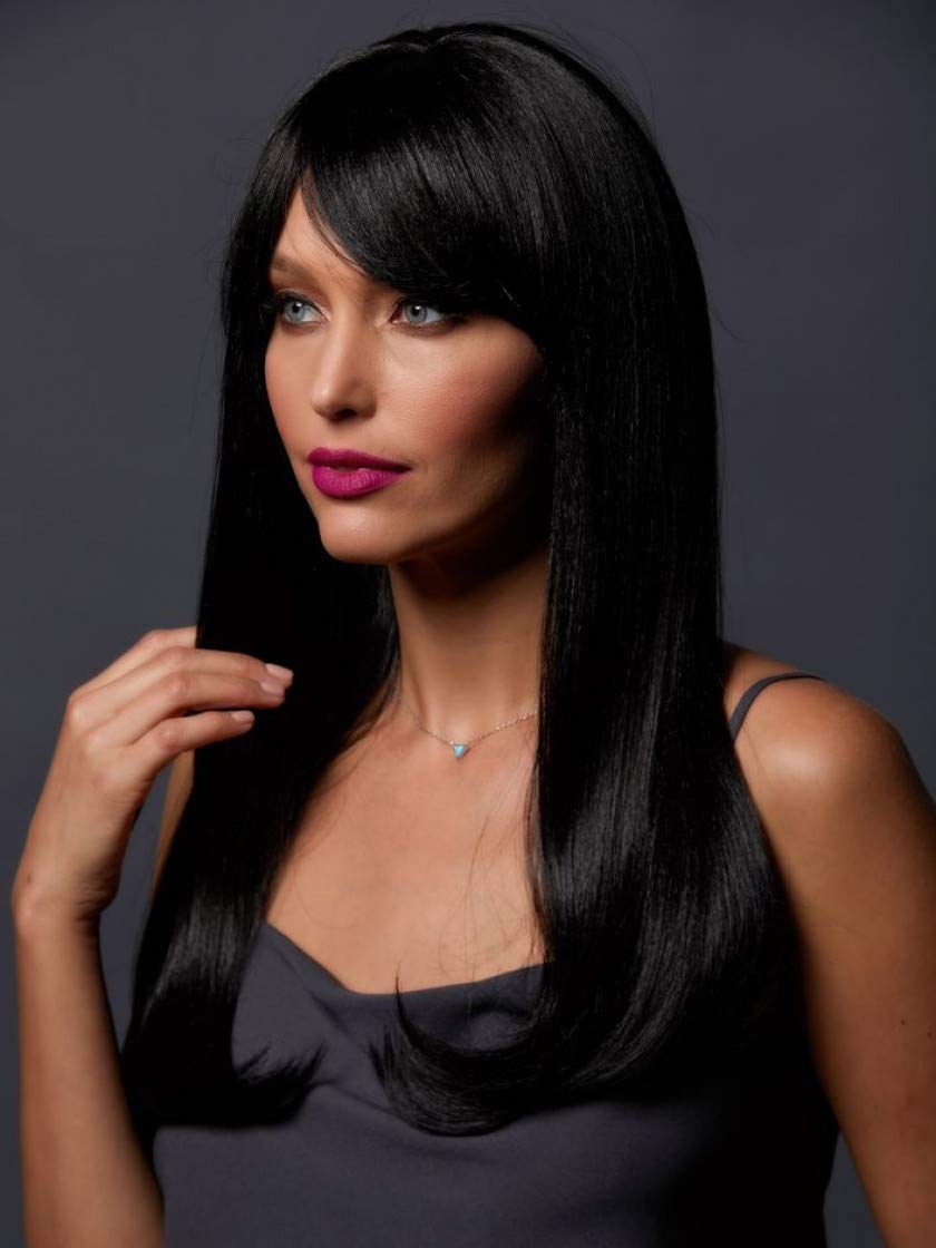 Jewell Blush Wig Color Onyx - Sepia Wigs 30" Long Straight Layered Synthetic Fiber Full Bangs Fantasy Sexy Costume Black