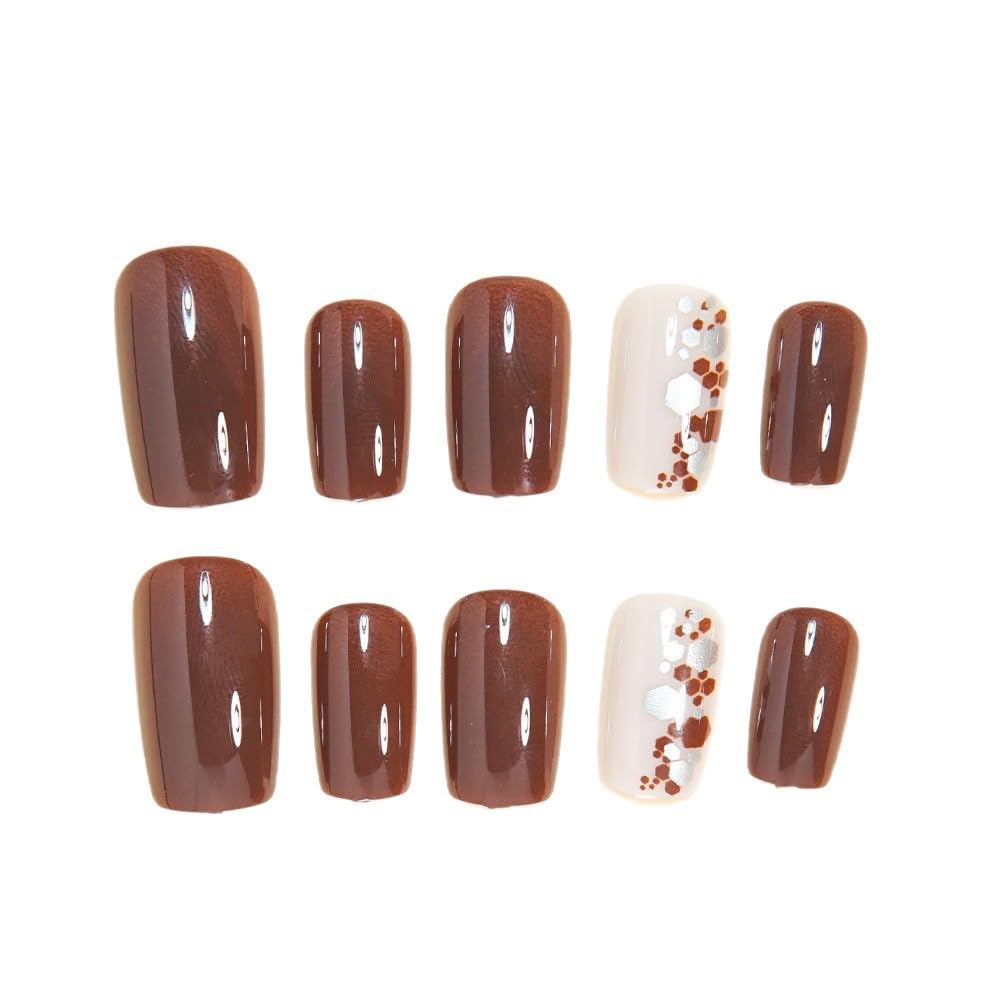 CTTHNBD Square Press on Nails Short - Brown Fake Nails with Silver Sequins Design - Glossy Full Cover Stick on False Nails for Women - 24 Pcs Beauty and Personal Care CTTHNBD