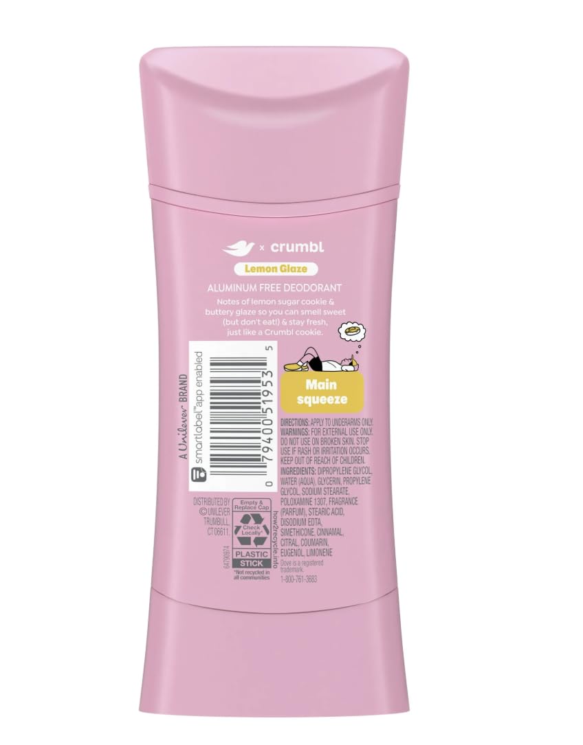 Dove x Crumbl 1 Pack Deodorant Stick Crumbl Lemon Glaze Aluminum Free, 2.6 oz Beauty and Personal Care Dove