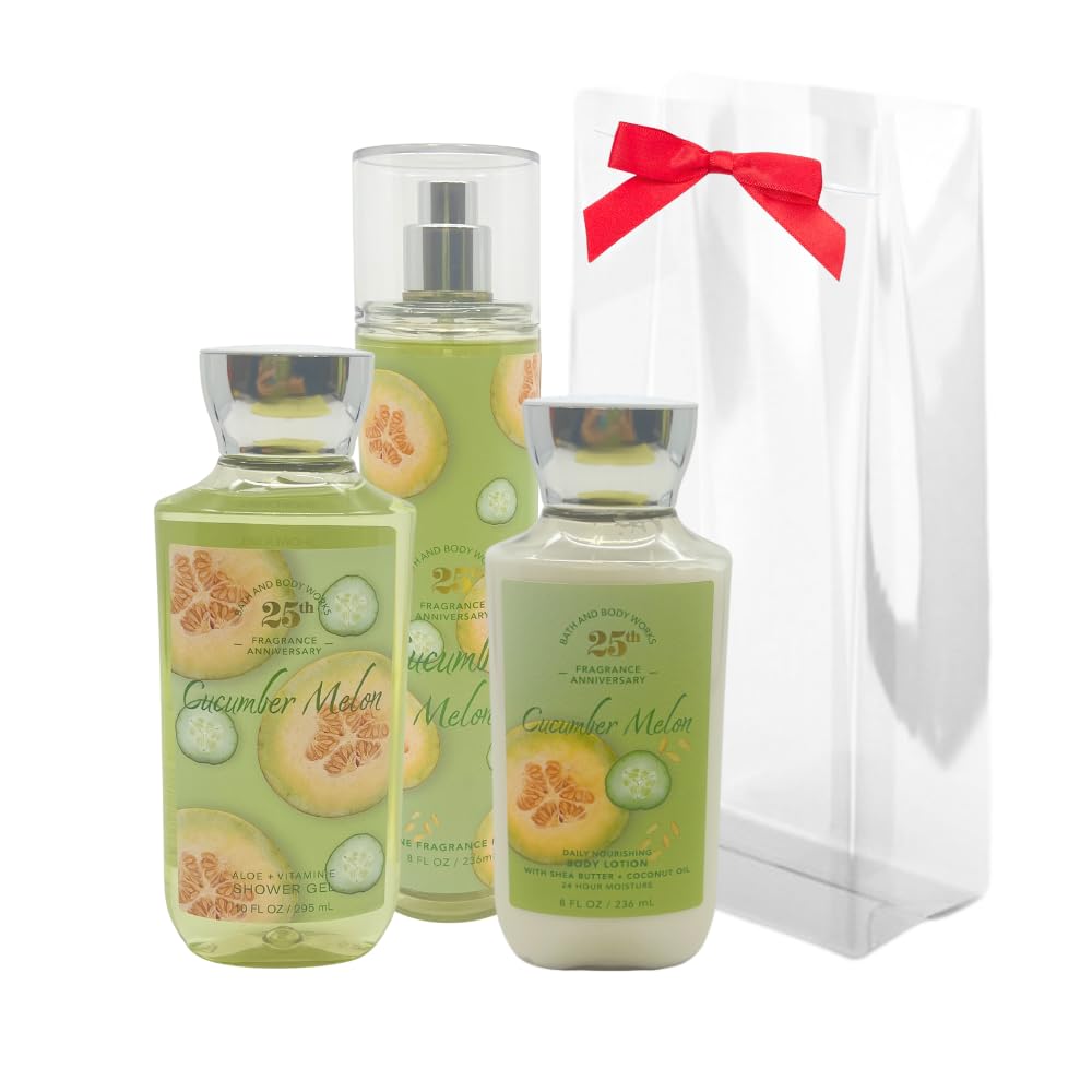 Bath & Body Works CUCUMBER MELON 3-piece Gift Set with a Red Bow for Holiday & Gifts - Mist, Shower Gel, and Body Lotion - Limited Edition Beauty & Personal Care Bath & Body Works