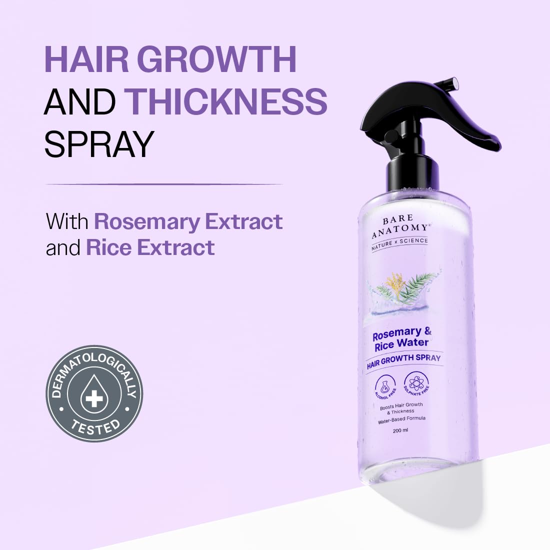 Bare Anatomy Nature x Science Rosemary Water Spray for Hair Growth & Hair Thickness with Rice Water |100% Natural Extract | Soft & Smooth Hair| Beauty and Personal Care Bare Anatomy