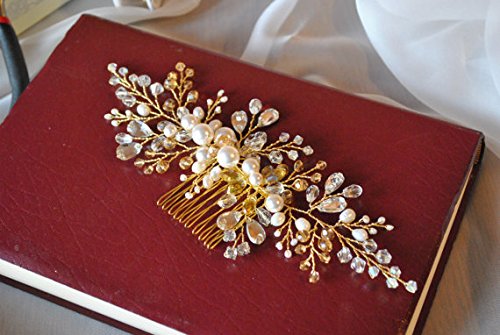 Kercisbeauty Wedding Bridal Bridesmaids Flower Girl Crystal and Pearl Side Hair Comb Slide Headpiece Long Curly Bun Hair Accessories for Prom (Gold) Beauty & Personal Care Kercisbeauty