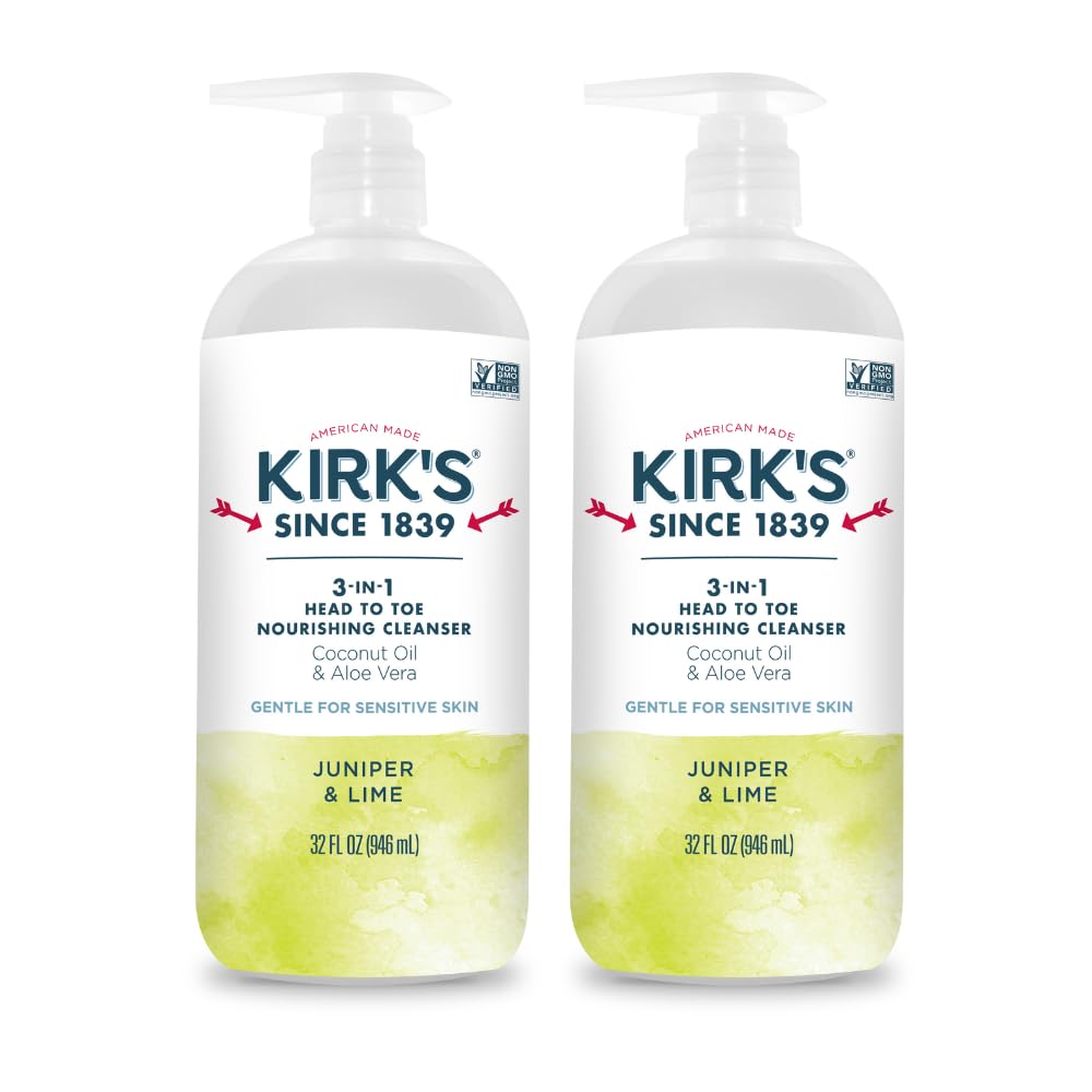 Kirk's Juniper & Lime 3-in-1 Nourishing Cleanser, Shampoo Body Wash Bubble Bath, Coconut Oil and Aloe Vera, Vegan Non-GMO, 32 Fl Oz, Pack of 2 Beauty & Personal Care Kirk's