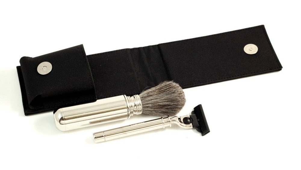 Bey-Berk Adam Travel Shaving Set, 2-Piece Razor and Pure Badger Brush with Black Canvas Case, Chrome Plated, Compatible with Mach 3 Blades, Men’s Beauty and Personal Care Bey-Berk