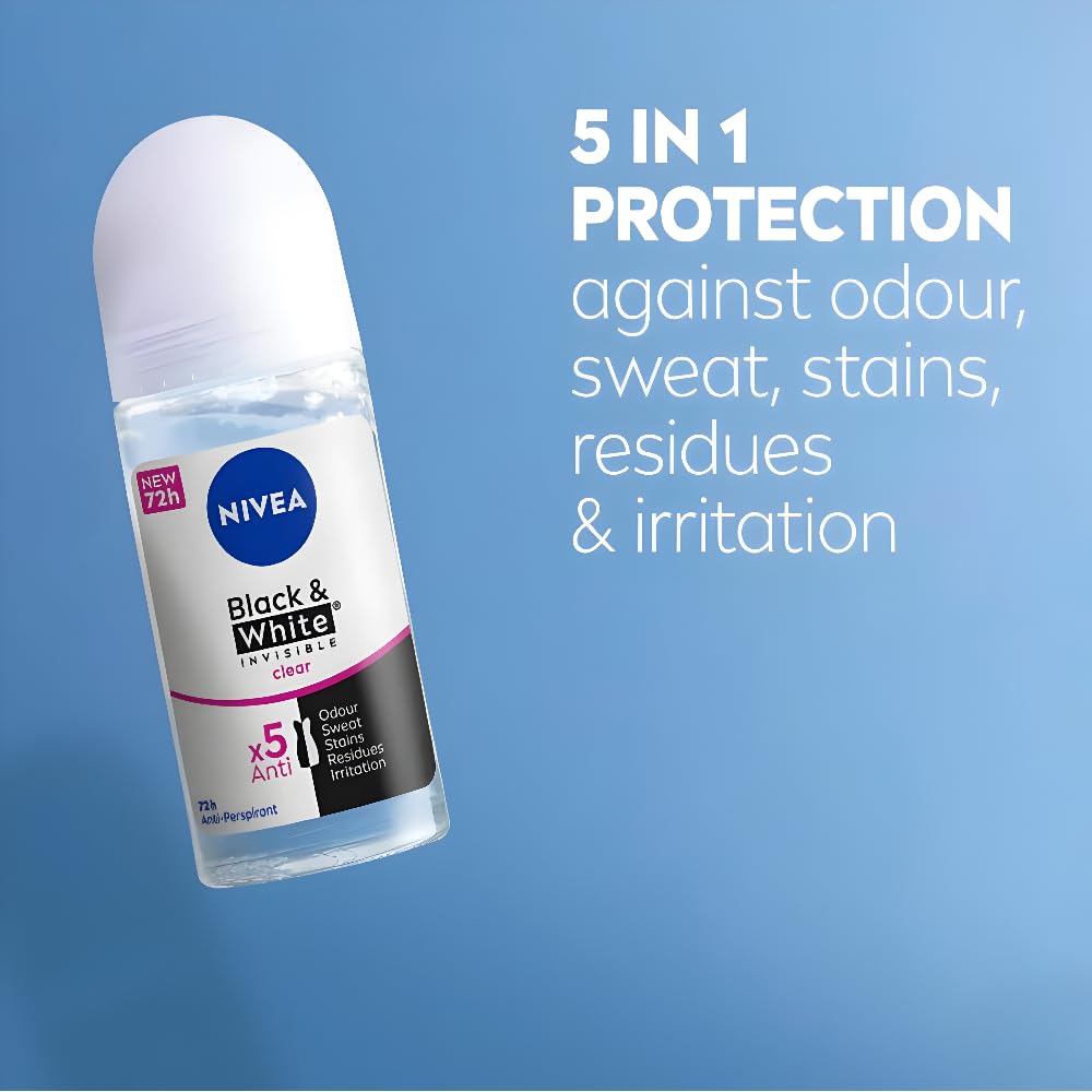 Nivea Black & White Invisible Clear Roll-On Deodorant 72h 25ml - Long-Lasting Freshness - Anti-Stain Formula - For All Day Protection Against Sweat Beauty and Personal Care NIVEA