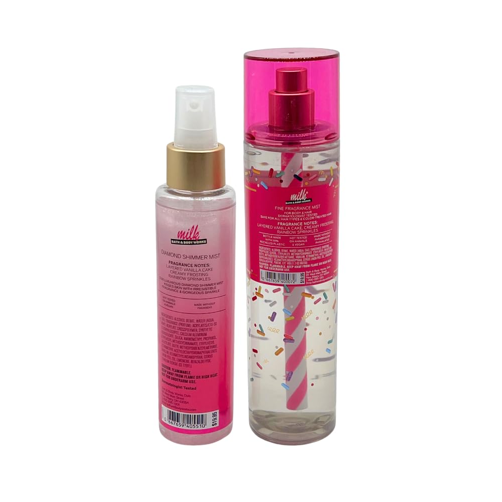 Bath & Body Works MILK BAR BIRTHDAY CAKE Fine Fragrance Mist & Diamond Shimmer Mist 2pc bundle with a Red Bow for Holidays & Gifts Beauty & Personal Care Bath & Body Works