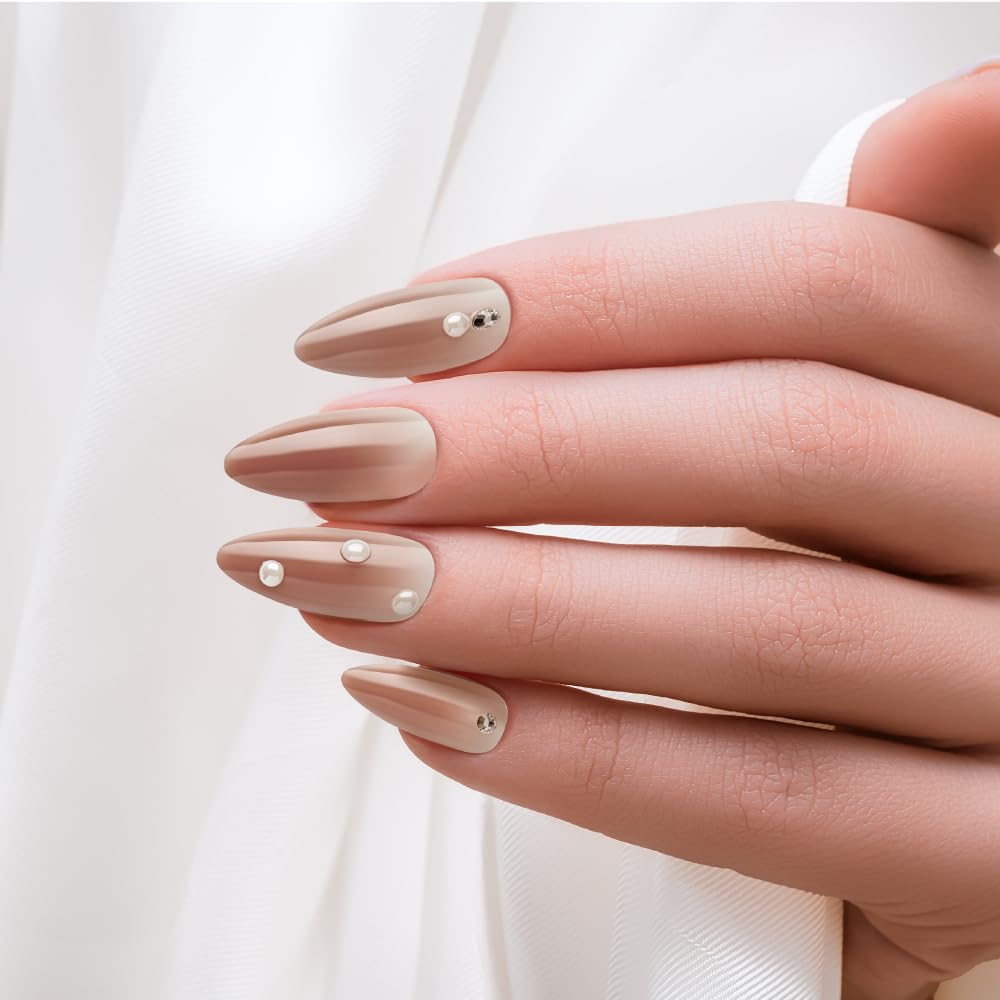 KISS False Nails Kit, Bare but Better Ready to Wear Sculpted Nails, Stick and Glue Included, Long Length, Almond Shape with Pearl Rhinestones