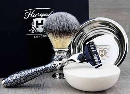 Classic Antique Look Shaving & Grooming Set in Silver for Men >Synthetic Brush,Triple Edge Cartridge Compatible, Engraved Bowl & Soap - Gift for Him Beauty and Personal Care Haryali London