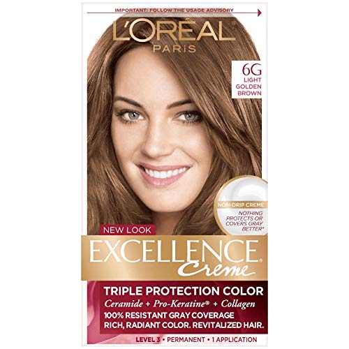 L'Oreal Paris Excellence Creme Permanent Hair Color, 6G Light Golden Brown, 100 percent Gray Coverage Hair Dye, Pack of 3