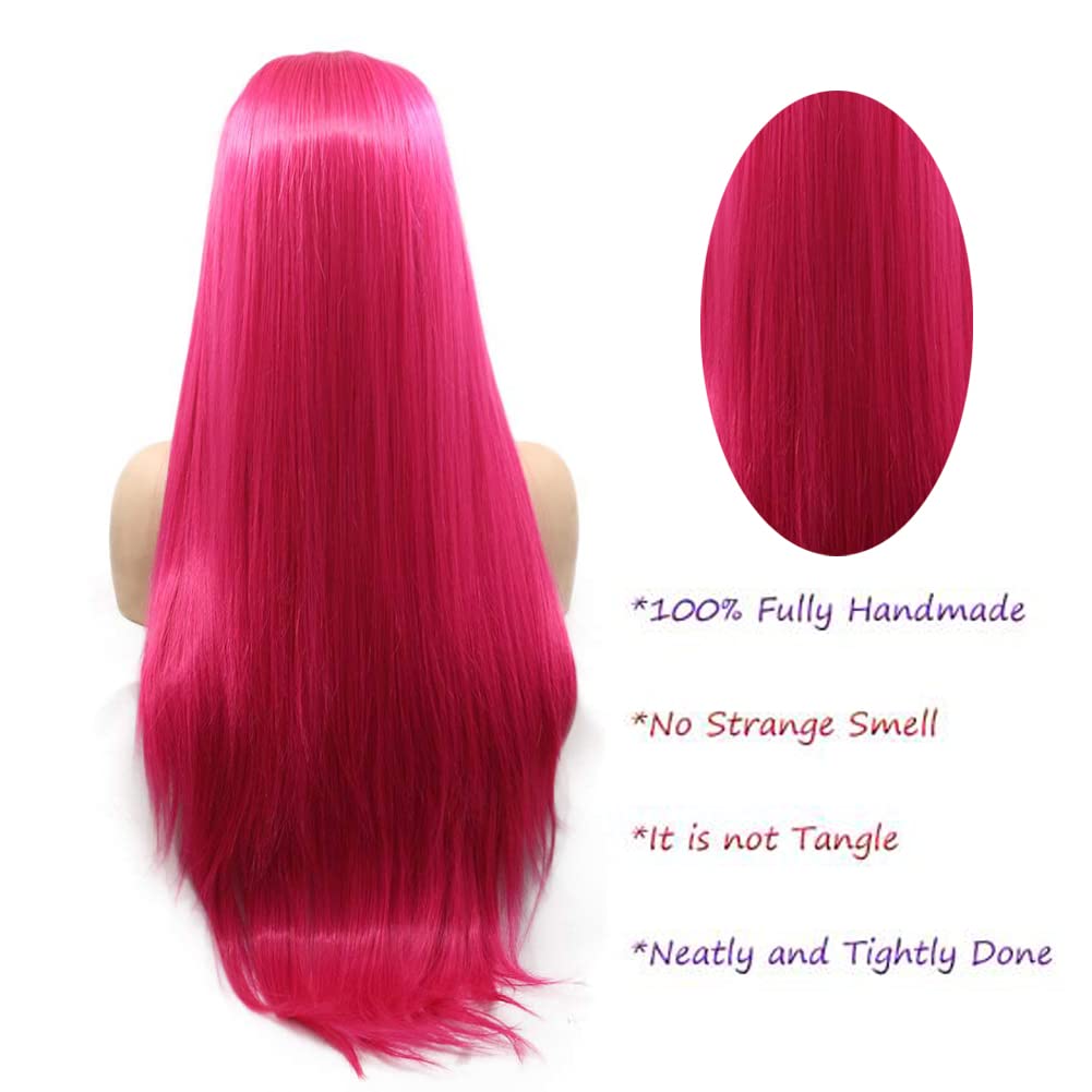 Kalisa Rose Lace Front Wigs for Women Long Straight Rose Red Nature Hairline Wig Heat Resistant Fiber Premium Glueless Wig for Cosplay Party 24’’
