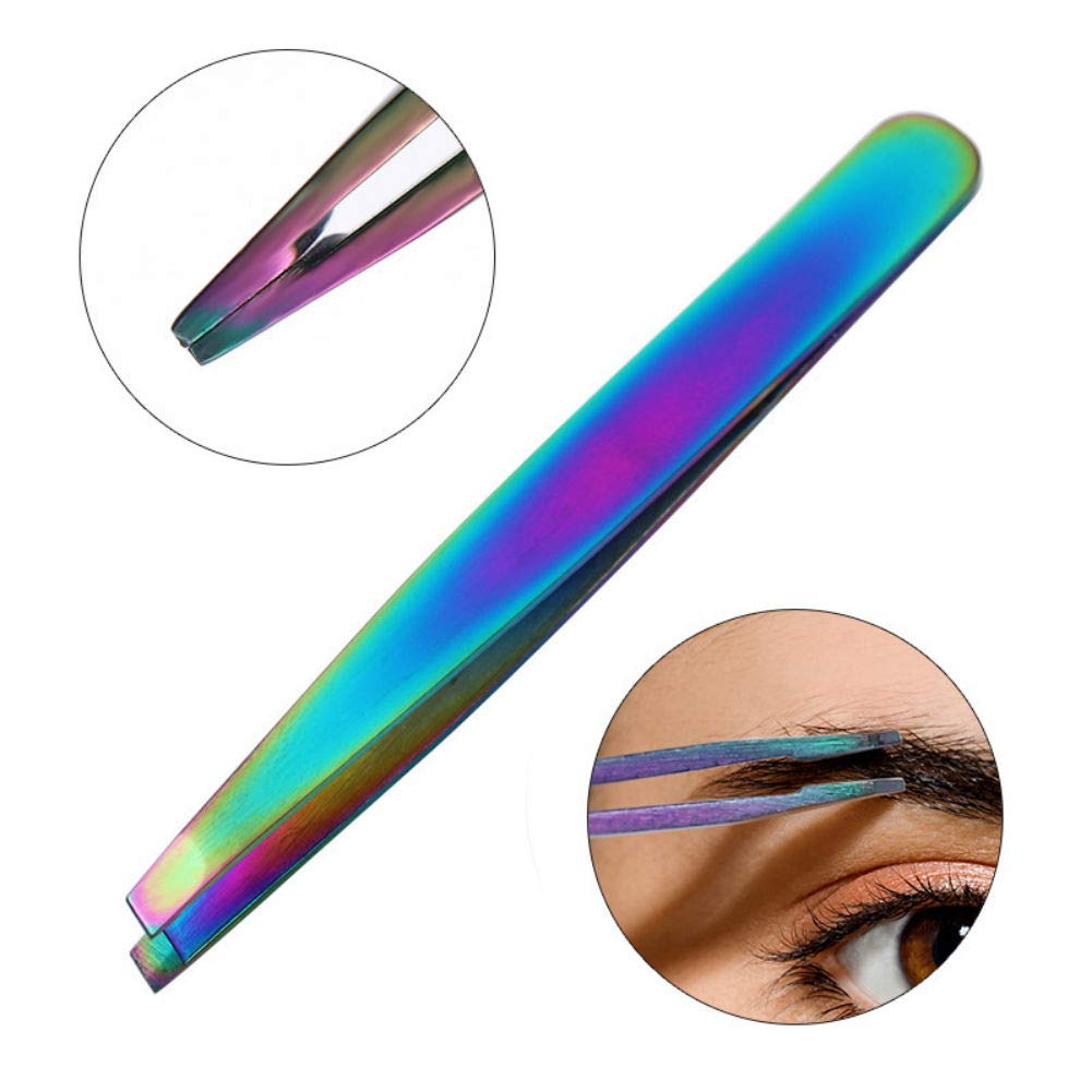 AKOAK 2 Pieces Rainbow Stainless Steel Slant Tip Eyebrow Tweezer and Eyebrow Scissor Facial Hair Removal Makeup Tool Beauty and Personal Care AKOAK