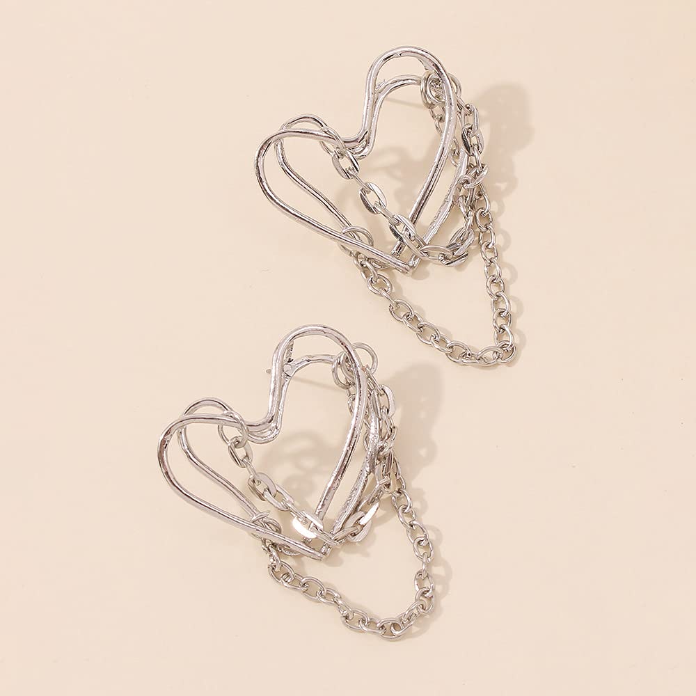 JWICOS Tassel Chain Drop Dangle Double Layer Big Heart Hoop Earrings for Women Punk Style (Silver) Beauty & Personal Care JWICOS