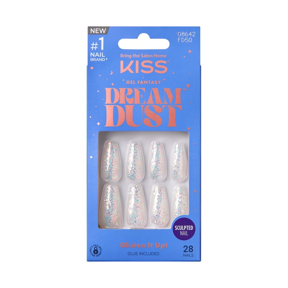 KISS False Nails Kit, Dreamdust Ready to Wear Gel Sculpted Nails, Stick and Glue Included, Long Length, Coffin Shape with White Glitter Effect