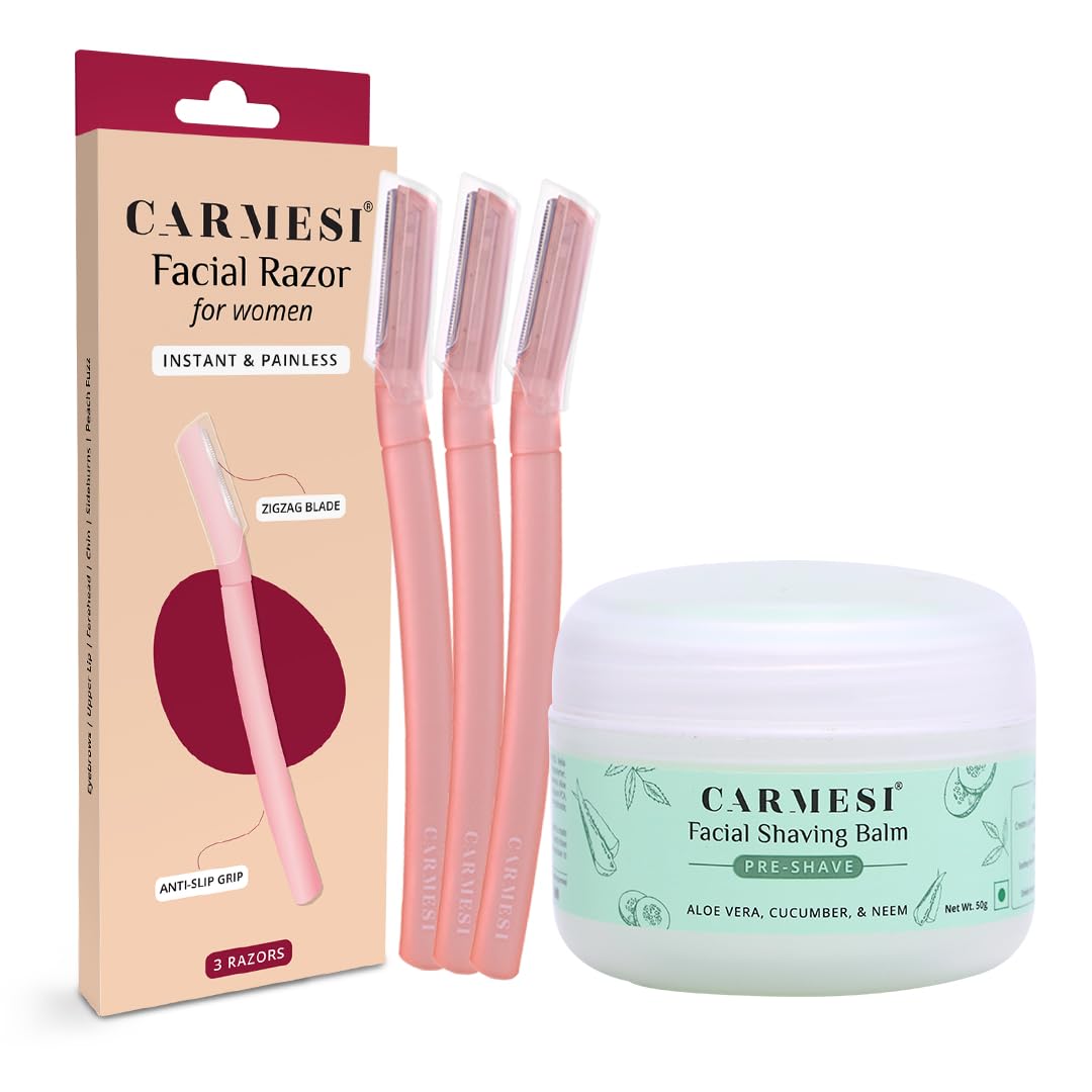 Carmesi Facial Shaving Kit - Face Razors (3 Count) + Shaving Gel (1.76 Oz/50g) - Painless Hair Removal - Prevents Nicks & Cuts - for Peach Fuzz Beauty and Personal Care Carmesi