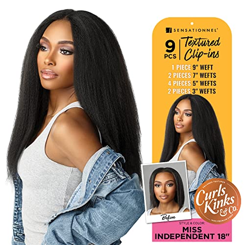 Sensationnel Curls Kinksandco Clip In - Miss Independent 18 Inch 9 Piece Pack Easy to Use Clips for Natural 3C to 4C Hair (1 JETBLACK)
