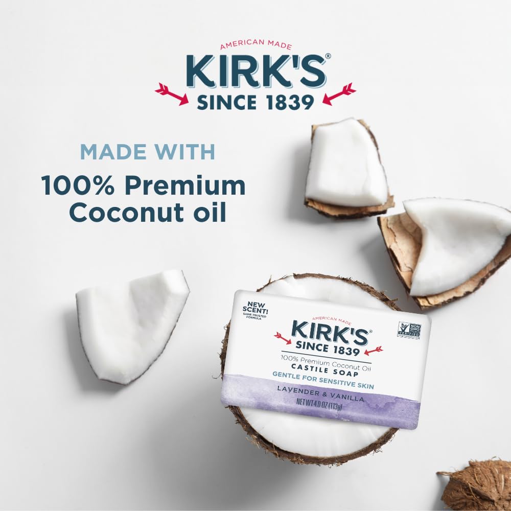 Kirk's Castile Bar Soap, Lavender & Vanilla - Clinically Tested, Safe for Sensitive Skin with Coconut Oil, Vegan and Non-GMO - 4 oz Bars, 6 Pack Beauty & Personal Care Kirk's