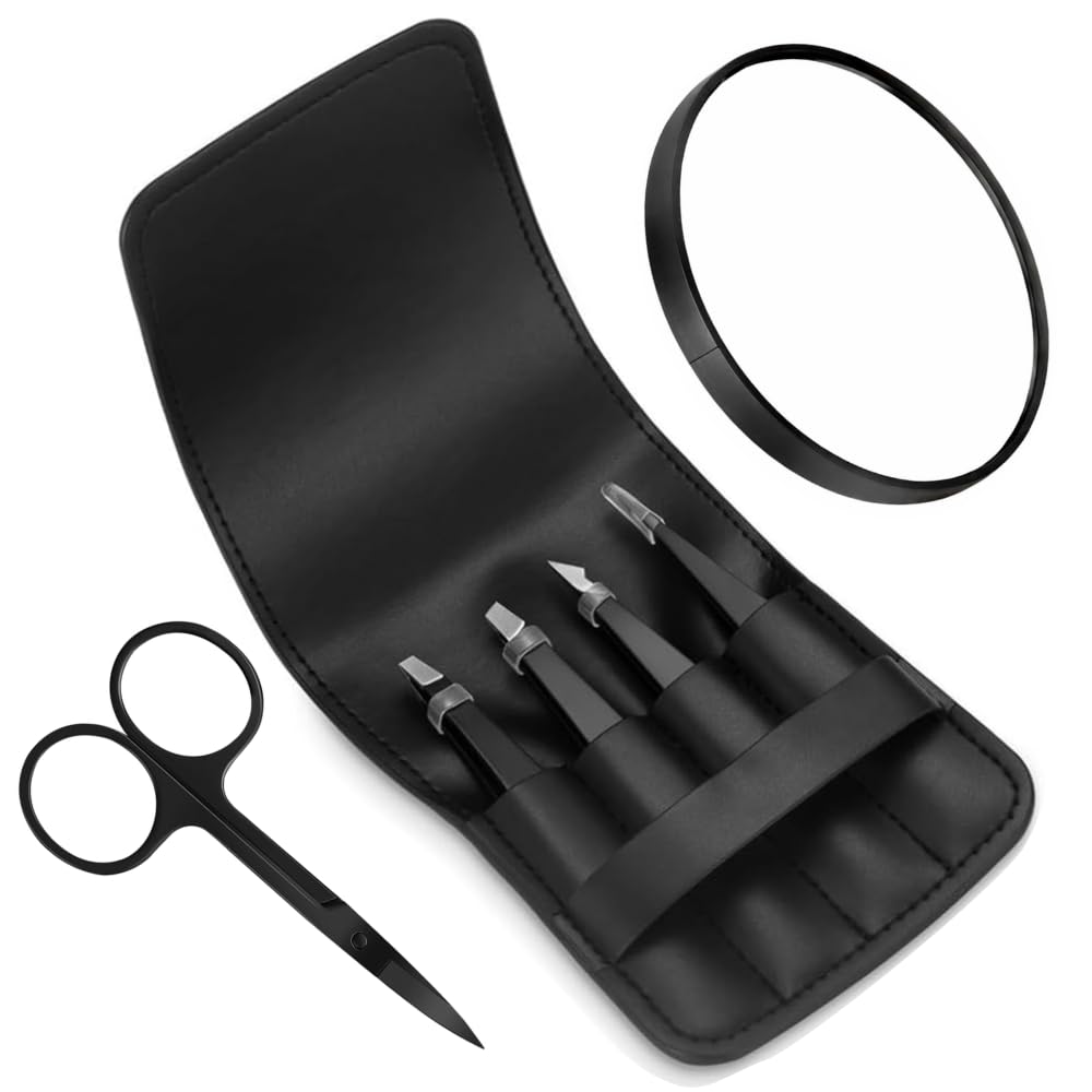 Pluck It 7pc Eyebrow Kit & Tweezers for Facial Hair Women & Men, Professional Precision Tweezers Eyebrow Set with 5X Magnifying Mirror & Scissors Beauty and Personal Care Coveted Cosmetics