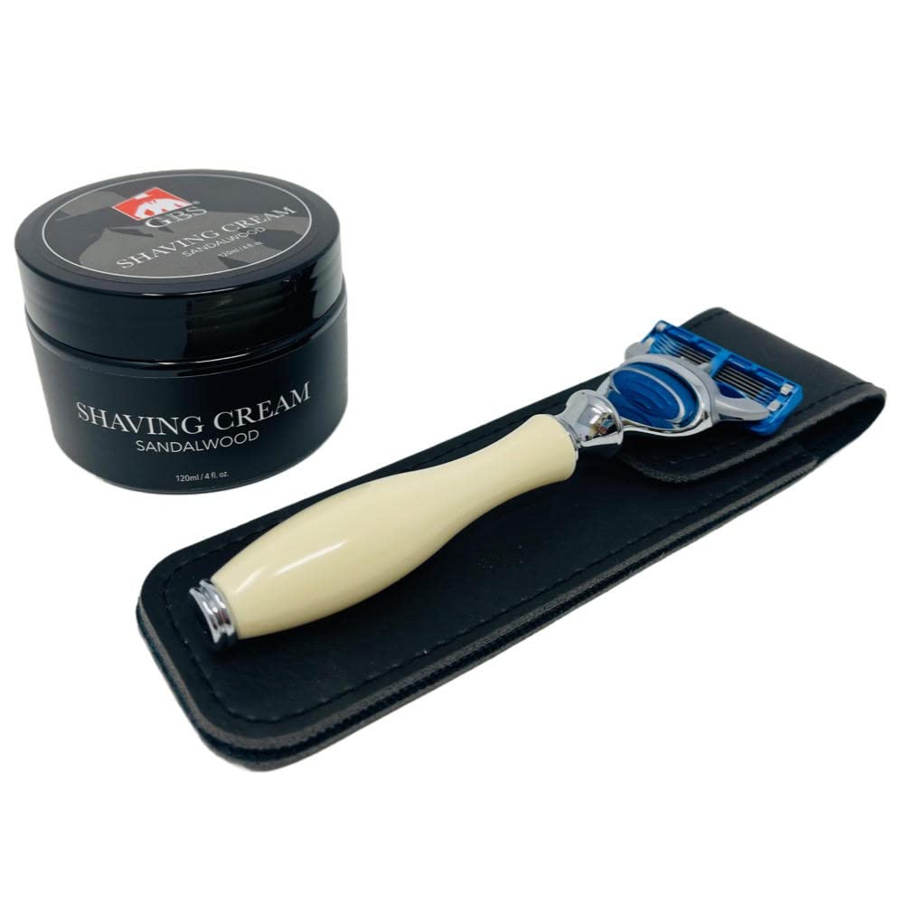 GENTS Men's Shaving Kit - 5 Blade Fusion Compatible Razor with Faux Ivory Handle, Sandalwood Shave Cream, Leather Case & Refill Cartridge - Premium Beauty and Personal Care G.B.S