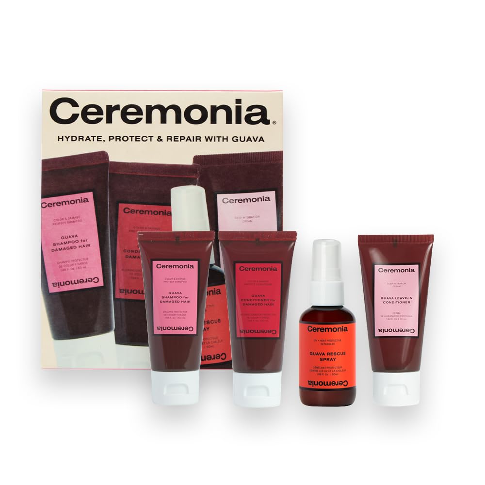 Ceremonia Guava Travel On-the-Go Kit | 4 Piece Hair Care Set to Repair Split Ends & Reduce Frizz | Includes Shampoo, Conditioner, Leave-In Beauty & Personal Care Ceremonia