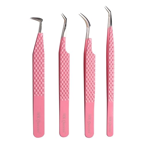 MK Queens Lash Tweezers - Stainless Steel Fiber Tip Eyelash Tweezers (Set of 4) - Diamond Grip Professional Lash Tweezers for Eyelash Extensions Beauty & Personal Care MK QUEENS