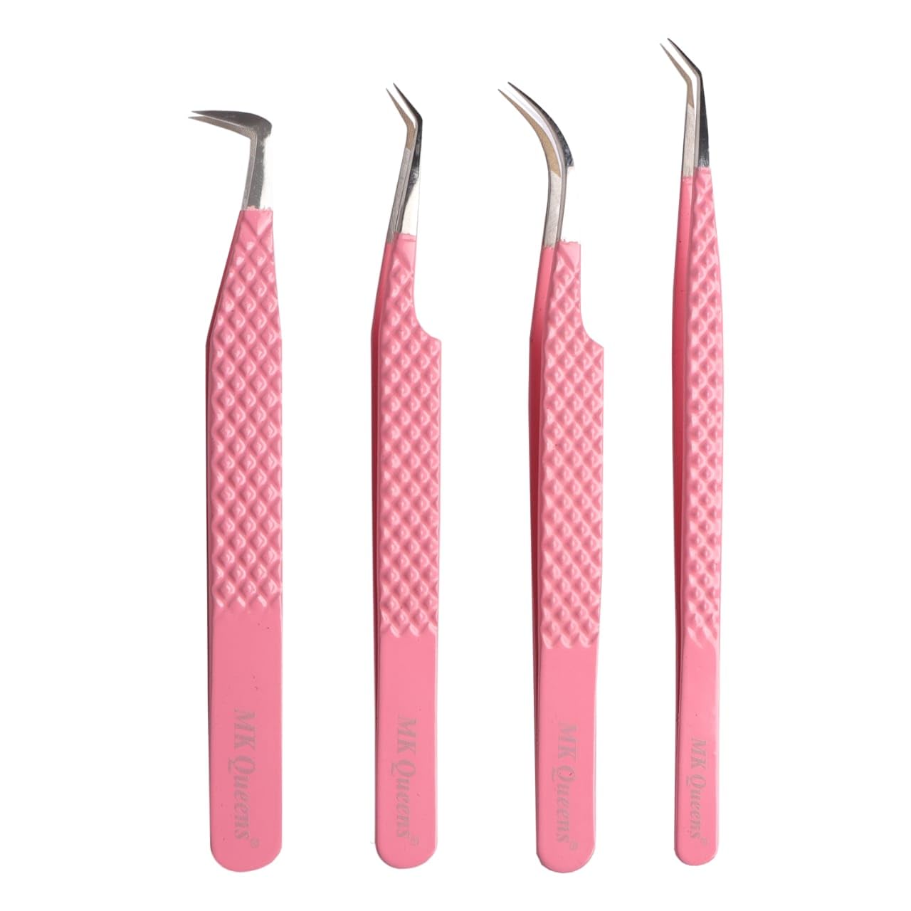 MK Queens Lash Tweezers - Stainless Steel Fiber Tip Eyelash Tweezers (Set of 4) - Diamond Grip Professional Lash Tweezers for Eyelash Extensions Beauty & Personal Care MK QUEENS