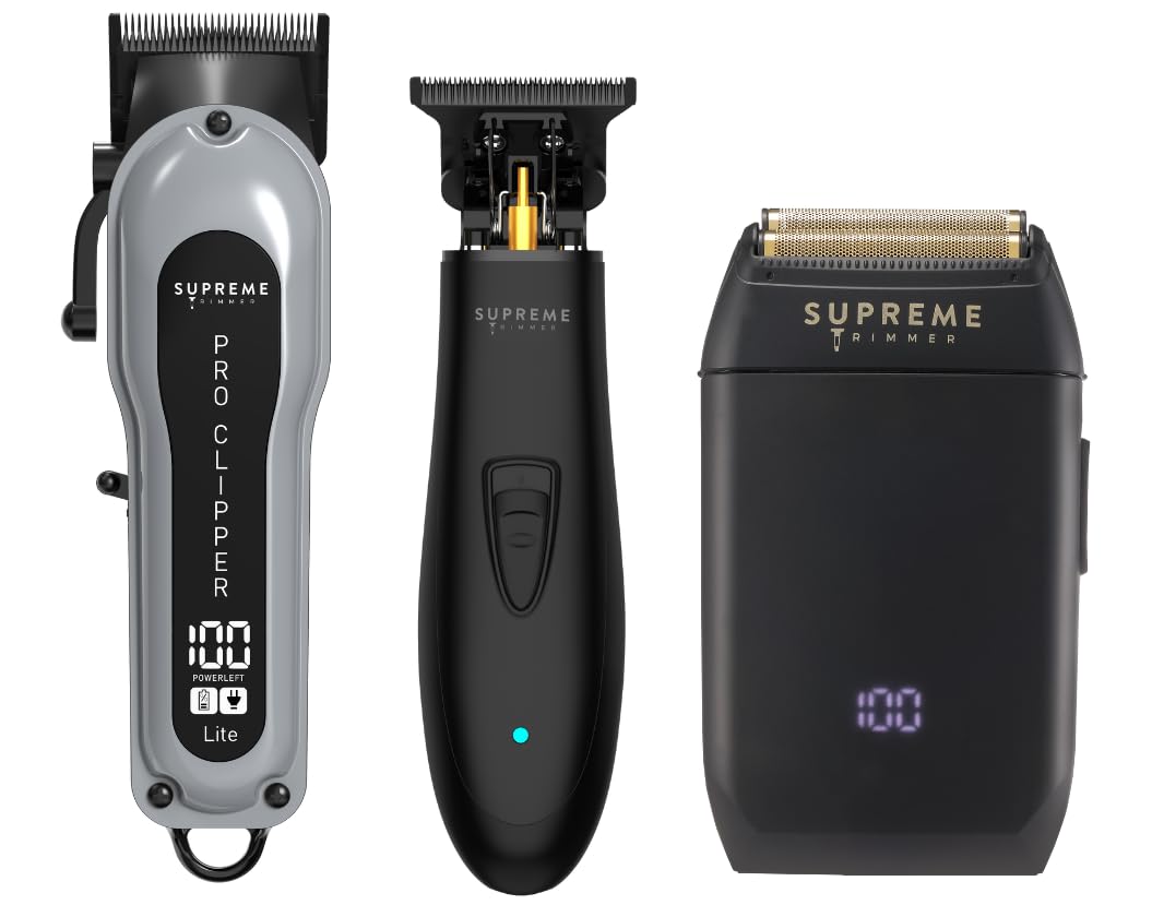 Supreme Trimmer 3-in-1 Barber Bundle - Pro Clipper Lite, DLC T-Shaper Trimmer & Crunch Foil Shaver - Professional Beard Trimmer Men’s Hair Clipper Kit Beauty and Personal Care Supreme Trimmer