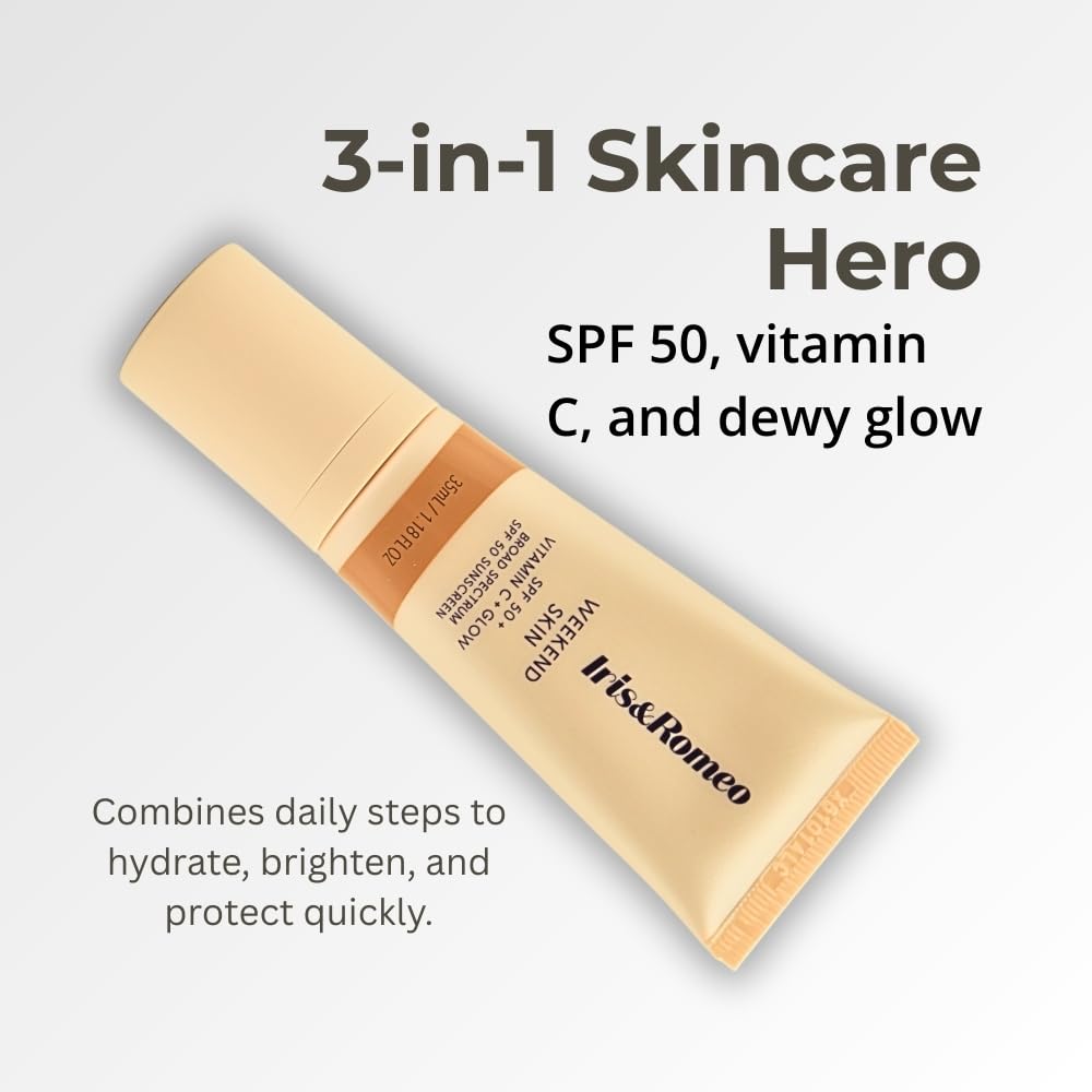 IRIS&ROMEO Weekend Skin SPF 50 - Warm Glow, Mineral Sunscreen with Vitamin C & Niacinamide for Dewy Golden Finish, 1.18 fl oz