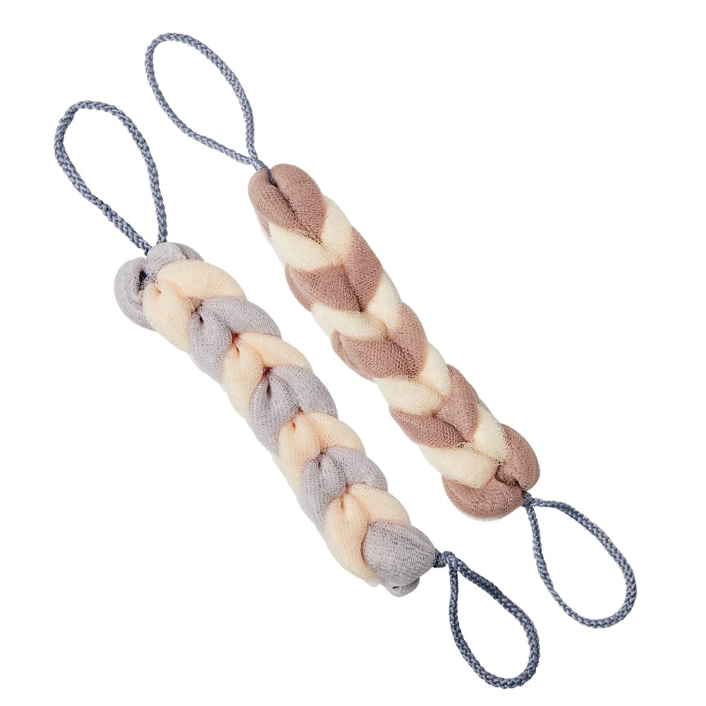 Éclat Long Stretch Back Loofah, Braided Mesh Shower Sponge with Rope Handles, Exfoliating Body Scrubber, Long Handle Bath Pouf for Deep Cleansing Beauty and Personal Care Éclat