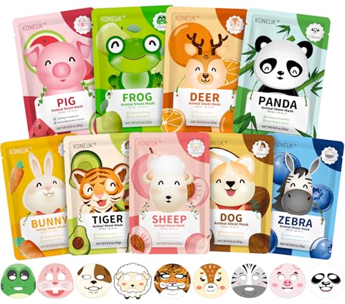 KONEUK 9 Pack Animal Face Masks Skincare for Kids, Bulk Sheet Hydrating Face Mask for Kids Skin Care, Collagen Face Mask for Teens Women, Sleepover Beauty and Personal Care KONEUK Default Title