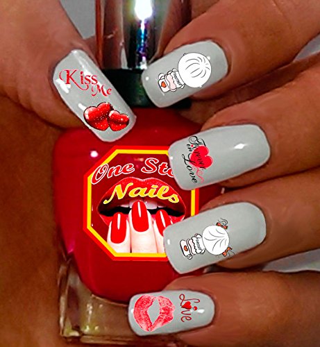 Valentine Nail Art Decals. Valentine Hearts, Boy, Girl, Kisses, Love Nail Art. Set of 36 Waterslide nail art decals. VD005-36 by One Stop Nails