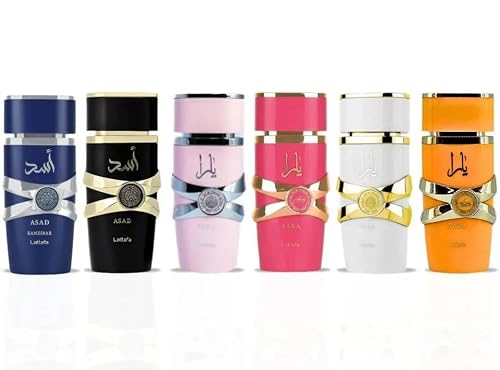 Lattafa Perfume Set - Collection of 6 x 3.4 Oz (100ml): Pink Yara, Yara Moi, Yara Tous, Yara Candy, Asad & Asad Zanzibar - Long Lasting Eau De Parfum Beauty & Personal Care Lattafa