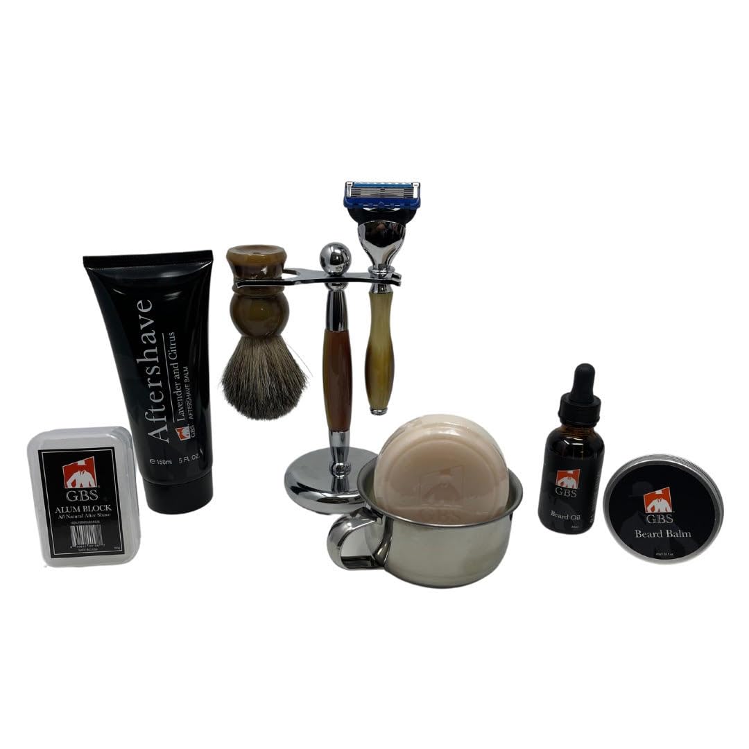 G.B.S Men’s Complete Shaving Set, Brush Razor Holder, Beard Oil Beard Balm, Shaving Soap, Aftershave Pure Badger Shave Brush and Manual Razor Beauty and Personal Care G.B.S