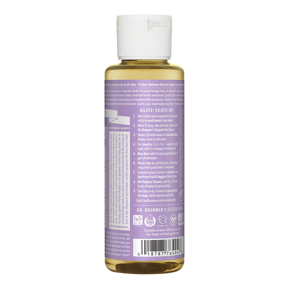 Dr. Bronner's - Pure-Castile Liquid Soap (Lavender, 4 ounce) - Made with Organic Oils, 18-in-1 Uses: Face, Body, Hair, Laundry, Pets and Dishes Beauty & Personal Care Dr. Bronner's